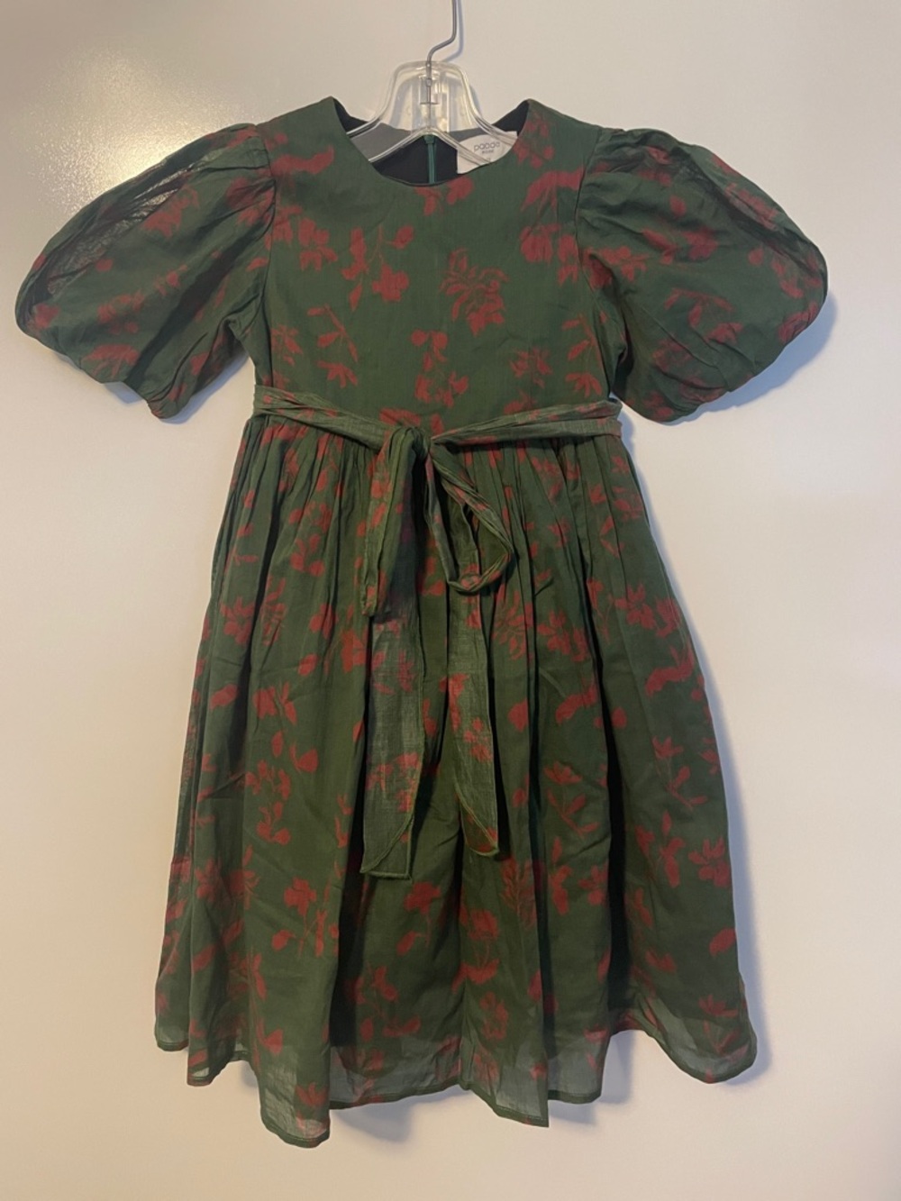 Paade Mode Girls 7Y Green Red Floral Puff Sleeve Dress Tie Waist EU Designer